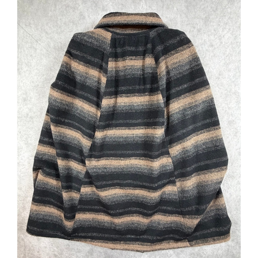 Tobi Womens Medium Poncho Coat Wool Blend Black Tan Gray Striped Full Zip Lined - Picture 2 of 10